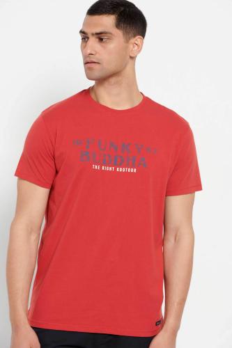 Funky Buddha ανδρικό βαμβακερό T-shirt με contrast fainted logo print μπροστά - FBM007-367-04 Κόκκινο S